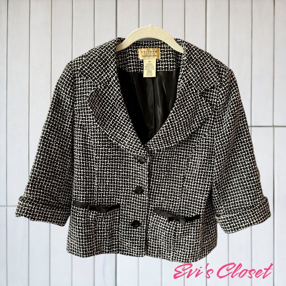 UNIFORM BY JOHN PAUL RICHARD BLACK WHITE Checkered Tweed JACKET SIZE 8 Petite